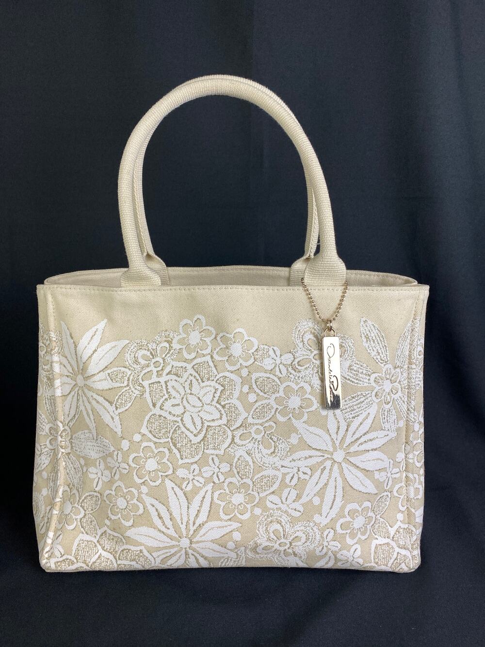 OSCAR DE LA RENTA Bag Ivory Floral Lace Canvas Tote Handbag Large